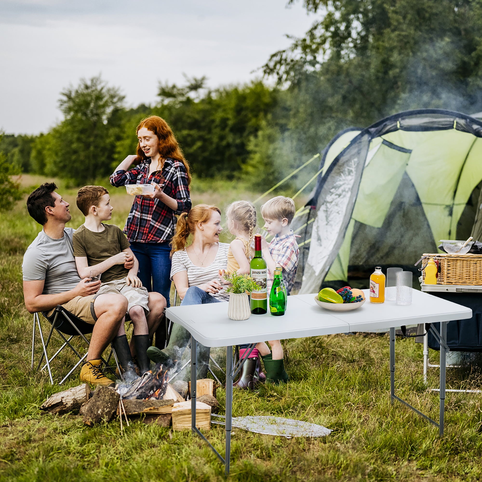 Costway Folding Table Portable Bi-fold Picnic Dining Table w/ 3-Level Height Adjustment