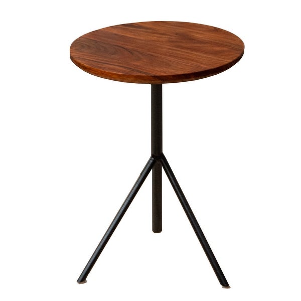 19 Inch Handcrafted Round Acacia Wood End Side Table for Hallway， Foyer， Den， Bedroom， or Living Room， Sleek Tripod Metal Base