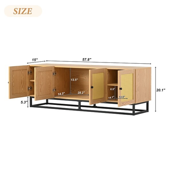 TV Stand Entertainment Cabinet Console Table with 4 Textured Rattan Doors and 2 Adjustable Panels