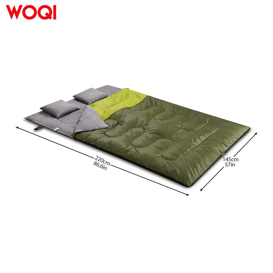 WOQI large waterproof adult double sleeping bag with 2 pillows  suitable for all season camping and hiking backpacks