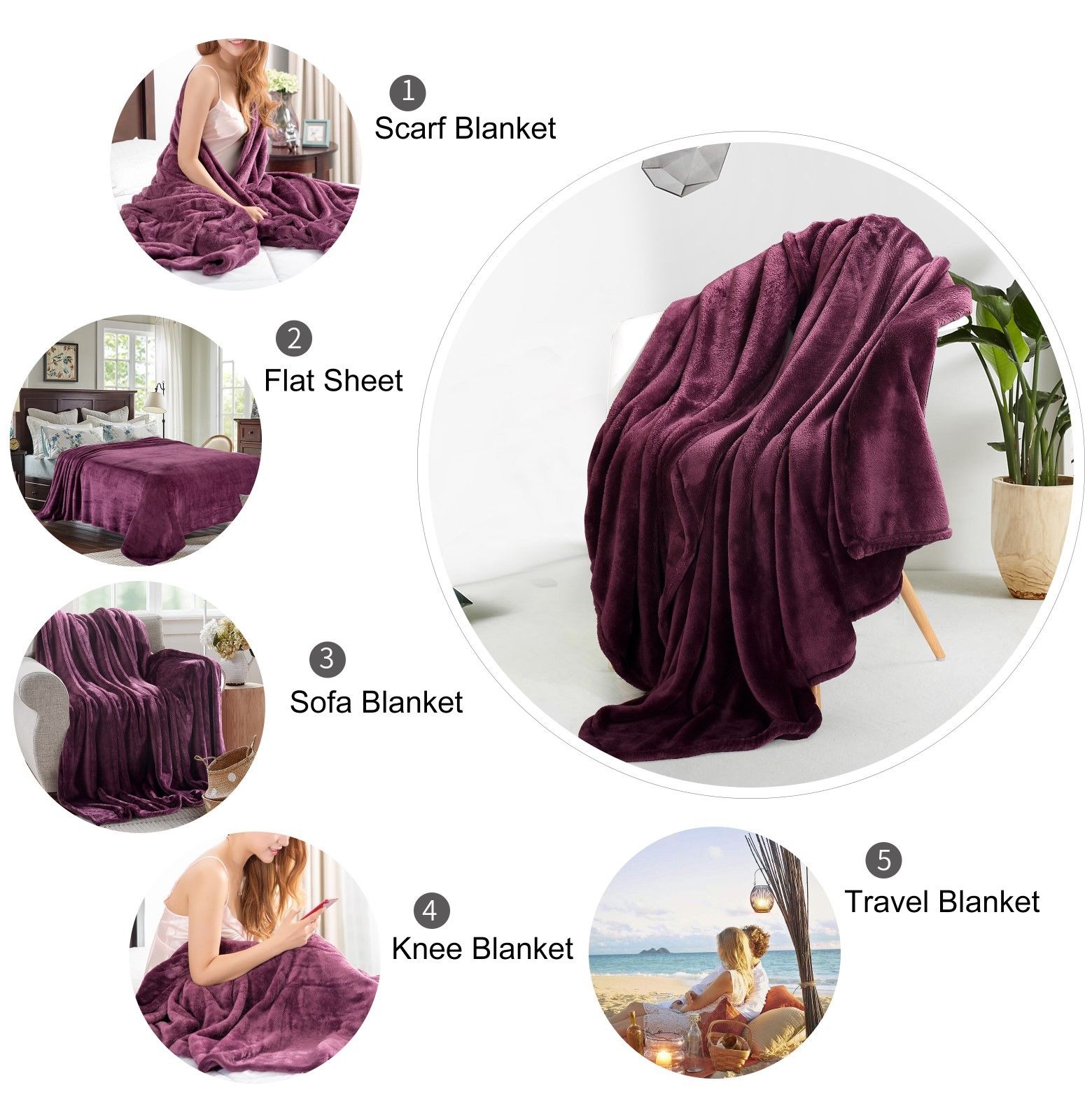 Reafort Ultra Soft Flannel Fleece All Season 350GSM Lightweight Living Room/Bedroom Warm Blanket(Purple， Throw 50