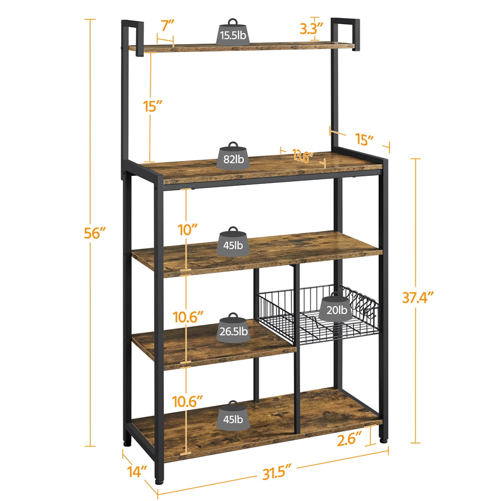 Topeakmart Kitchen Baker's Rack Utility Storage Shelf Unit With 4 Storage Shelves and 6 Hooks， Rustic Brown