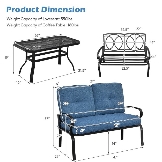 Costway 2pcs Patio Loveseat Bench Table Furniture Set Cushioned Chair