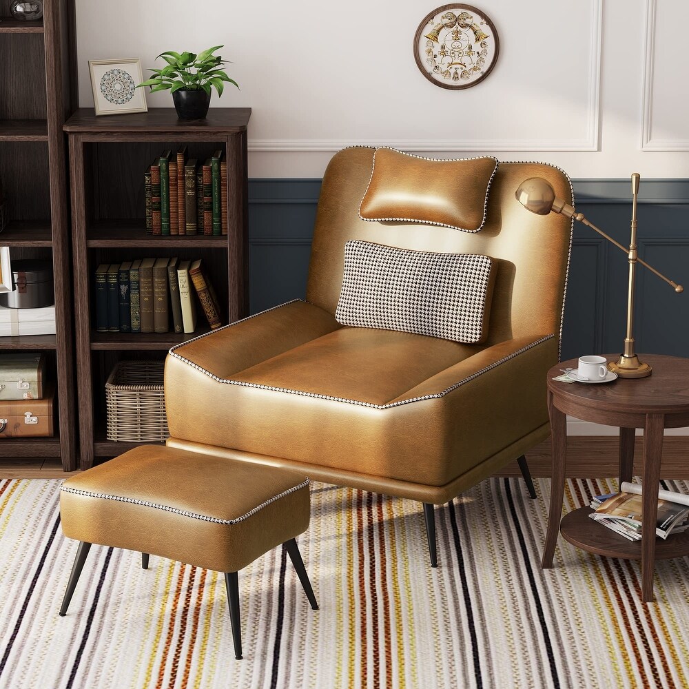 Accent Chair with Ottoman  Upholstered Faux Leather Chairs for Living Room Bedroom Lounge Chair  Modern Sofa Chair with Ottoman