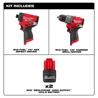 MW M12 FUEL 12V Lithium-Ion Brushless Cordless 14 in Impact Driver 12 in Hammer Drill w(2) M12 CP 2.5 Ah Batteries 3453-20-3404-20-48-11-2425-48-11-2425