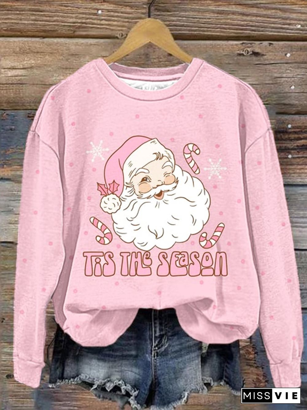 Women's Christmas Tis The Season Pink Santa Print Sweatshirt