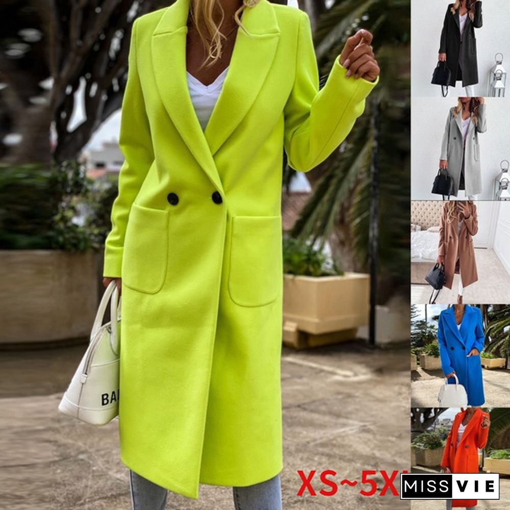 Fashion Womens Lapel Woolen Blend Long Parka Trench Coats Solid Color Ladies Jacket Outerwear Button Coat XS-5XL