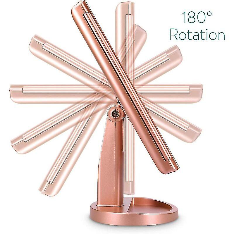 3-sided Led Lighted Standing Mirror - Folding Triptych Makeup Mirror On Stand With 2 X 3 Magnifying Effect - Battery Or Usb - Rose Gold