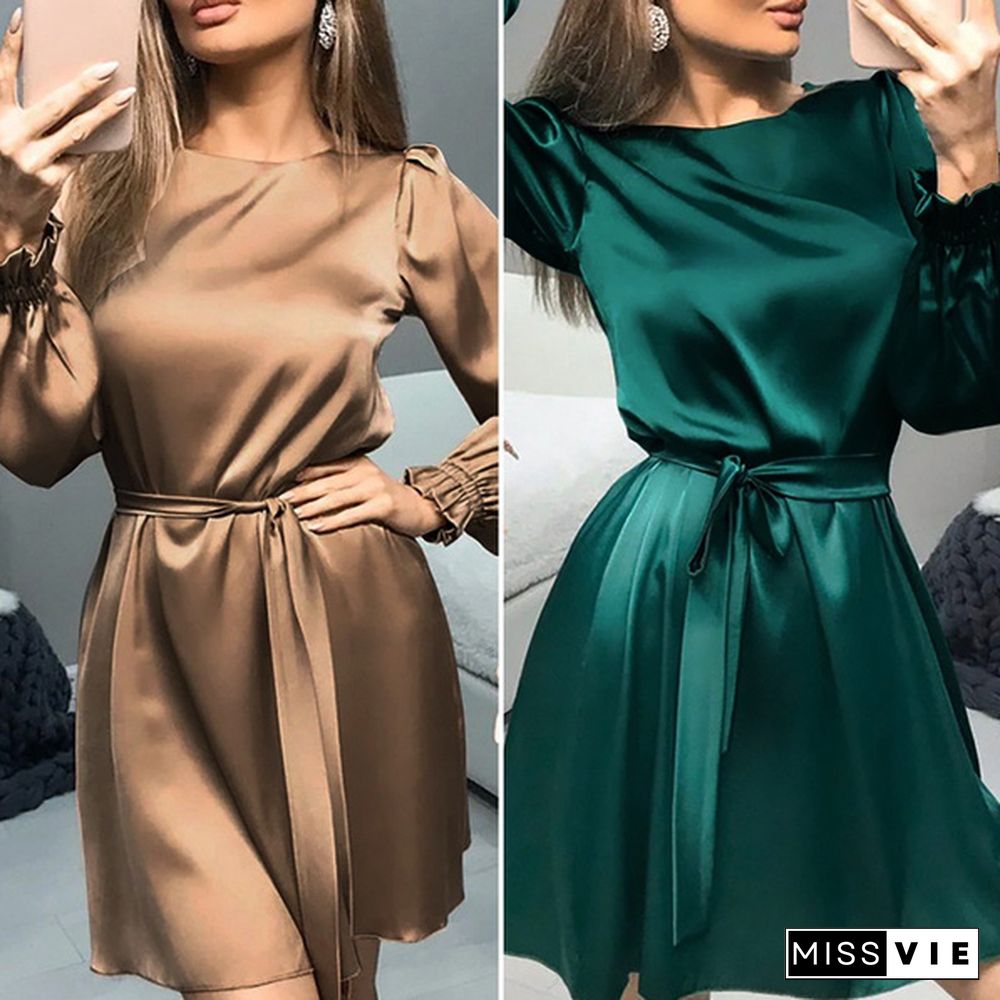 Women Fashion Sundress Office Ladies Plain Casual Elegant Puff Sleeve Holiday Mini Dress