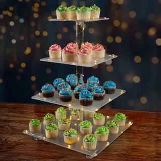 4-Tier Clear Acrylic Square Cupcake Display and Cake Stand with Yellow LED Lights 83-DT6144