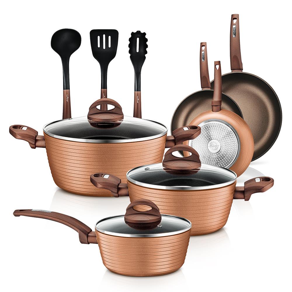 NutriChef 12 Piece Kitchenware Pots and Pans Set， Non-Stick Coating Inside and Outside， Coffee Inside and Brown Outside