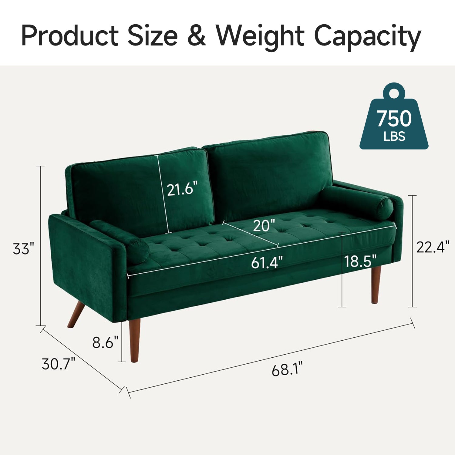 68-inch Velvet Couch Mid-Century 2 Seat Cushion Sofa with 2 Pillows