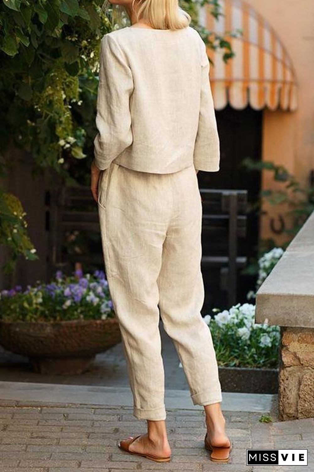 Linen O Neck Long Sleeve Pants Set