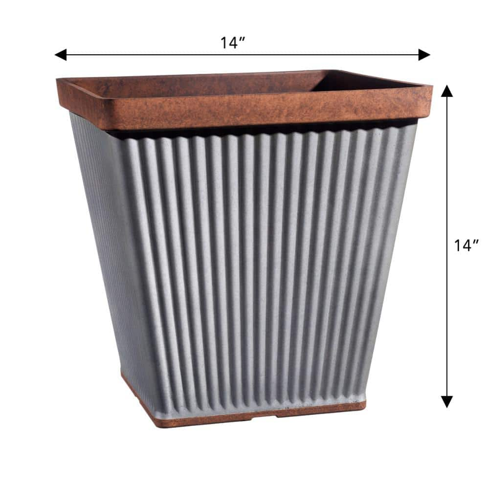 Classic Home and Garden Spokane 14 in. Galvanized Resin Square Planter with Copper Rim 5114-588R