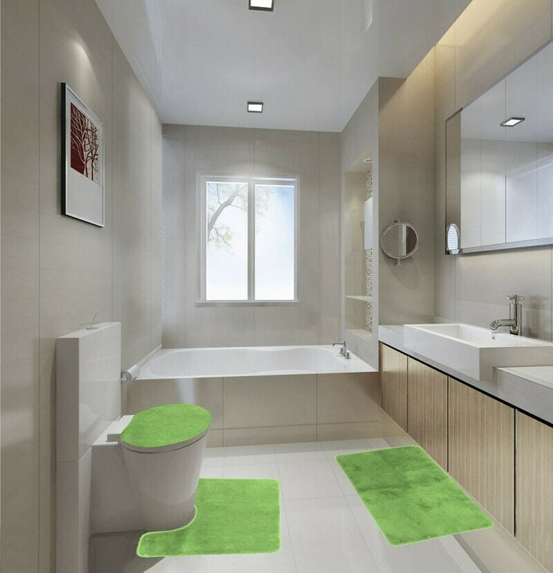 3-Piece Bathroom Rug Set Shiny LIME GREEN Soft Plush， Plain Large Rug ， Contour Mat， and Toilet Lid Cover Rubber Backing