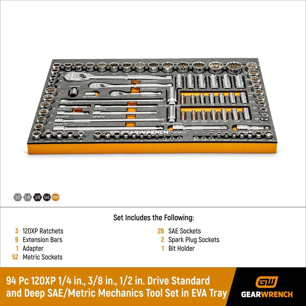 GEARWRENCH 120XP 14 in. 38 in. 12 in. Drive Standard and Deep SAEMetric Mechanics Tool Set in EVA Tray (94-Piece) 83071-07