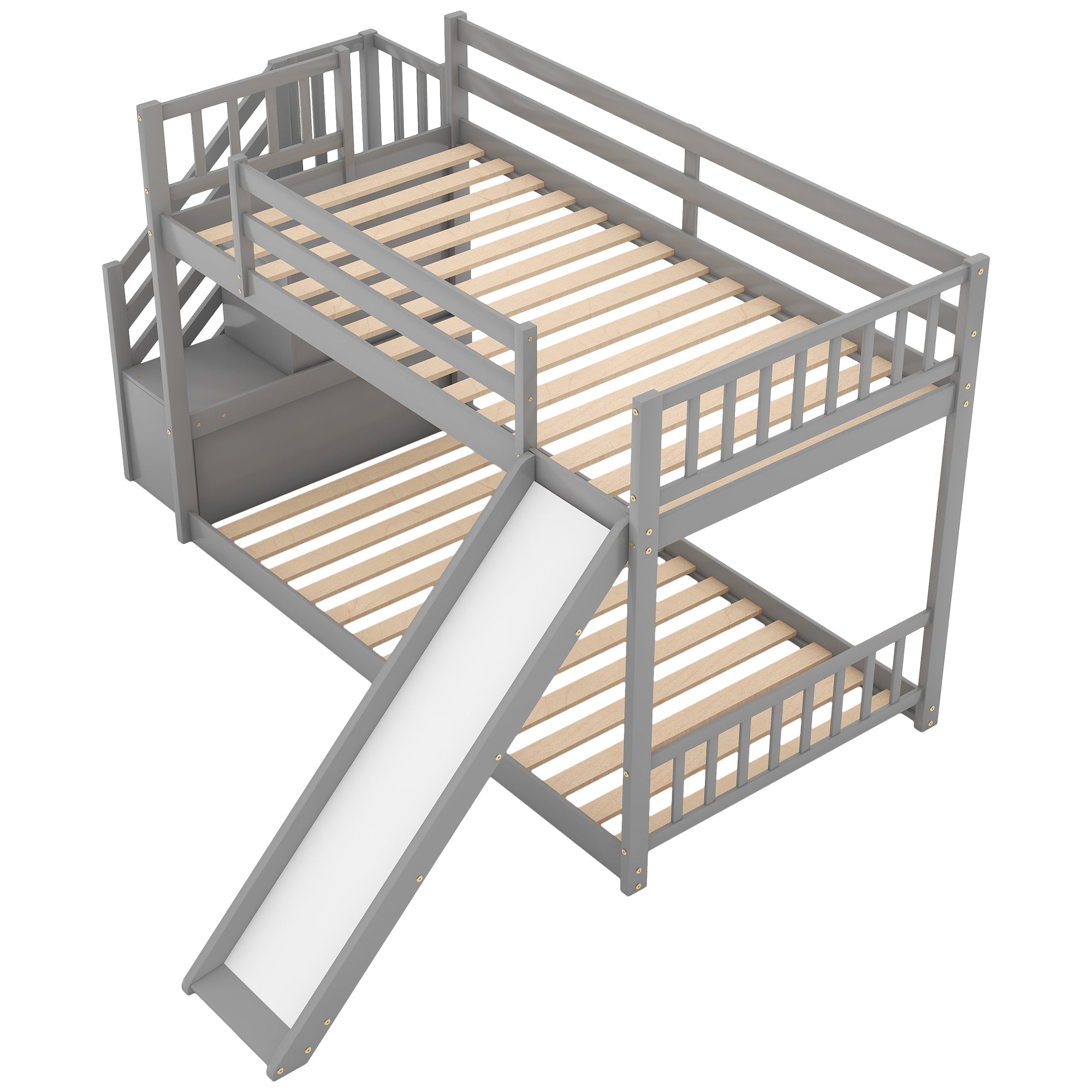 Euroco Twin Over Twin Bunk Bed with Slide and Stairway for Kids, Gray