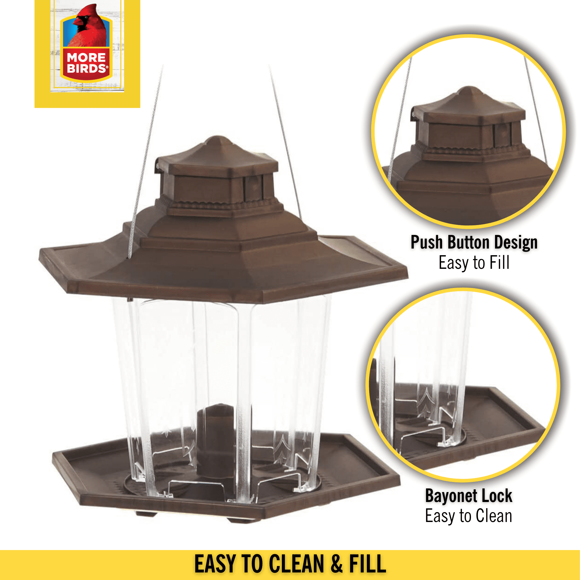 More Birds Bird Feeder， 6 Feeding Ports， 2.7 lb Bird Seed Capacity， Gazebo Wild Bird Feeder， Brown