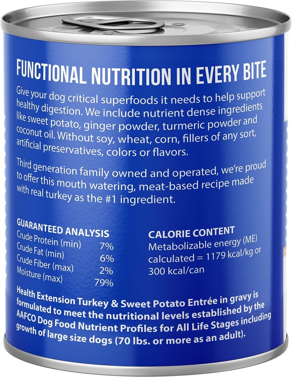 Health Extension Digestive Support Turkey and Sweet Potato Entrée in Gravy Dog Food， 9-oz can， case of 12