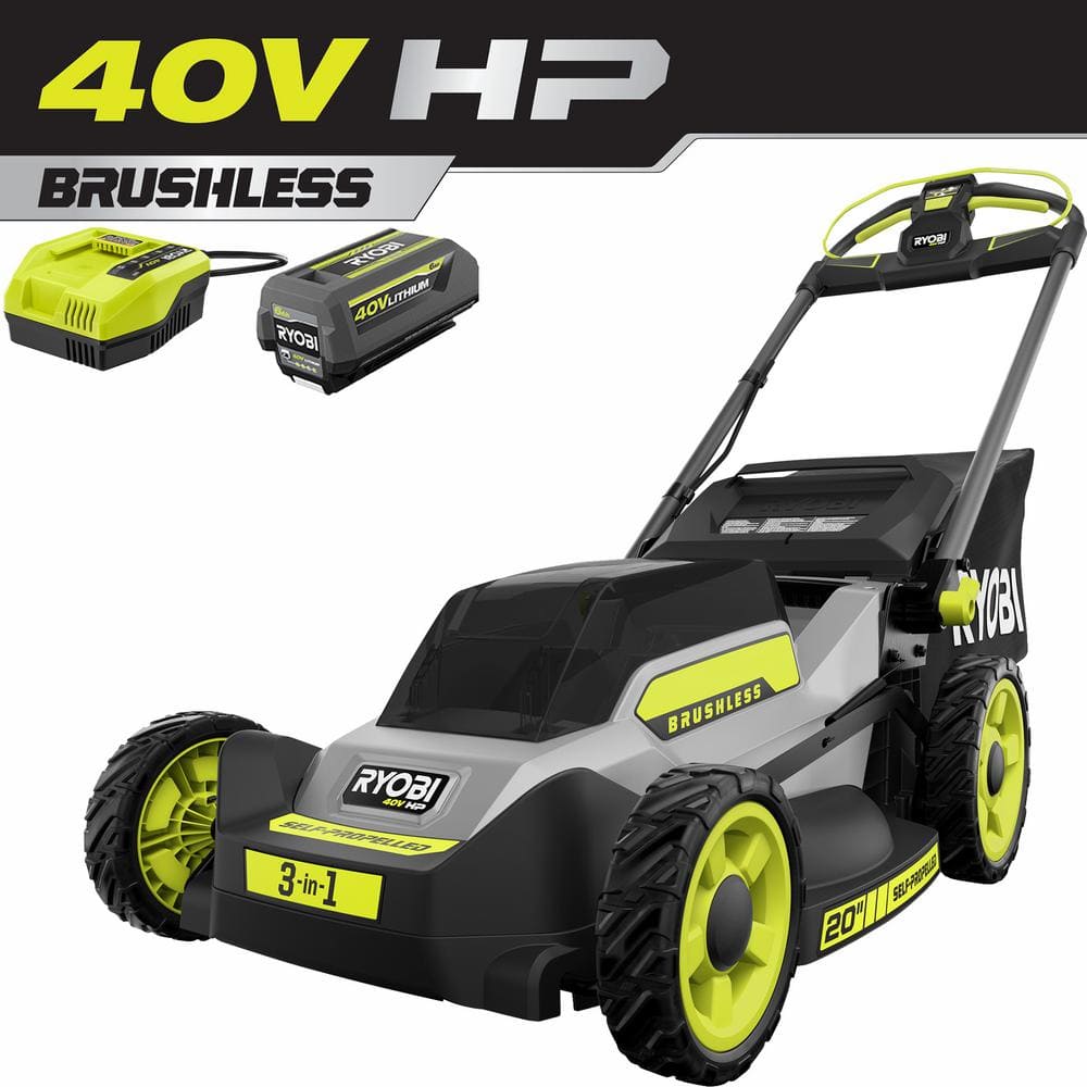 RYOBI 40V HP Brushless 20 in. Cordless Electric Battery Walk Behind Self-Propelled Mower with 6.0 Ah Battery and Charger RY401180