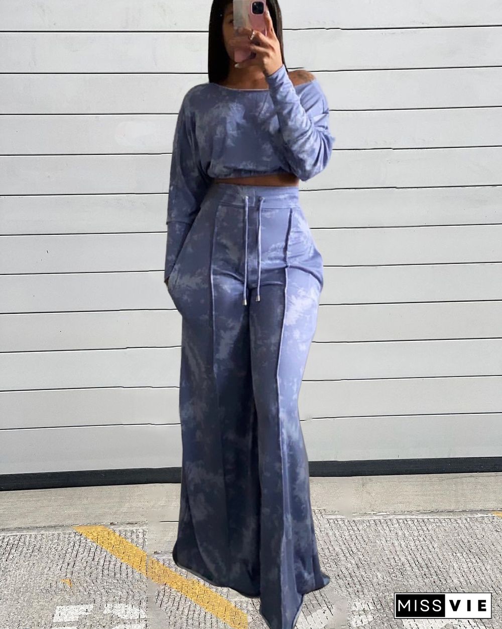 Tie Dye Long Sleeve Crop Top Wide Leg Pants Set