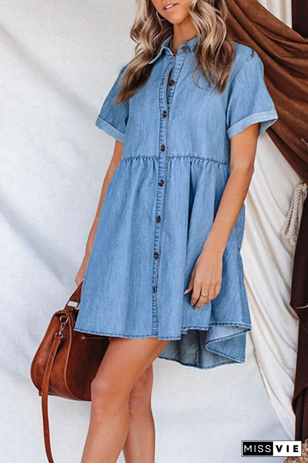 Turn-down Collar Short Sleeve Single-breasted Denim Dress Wholesale