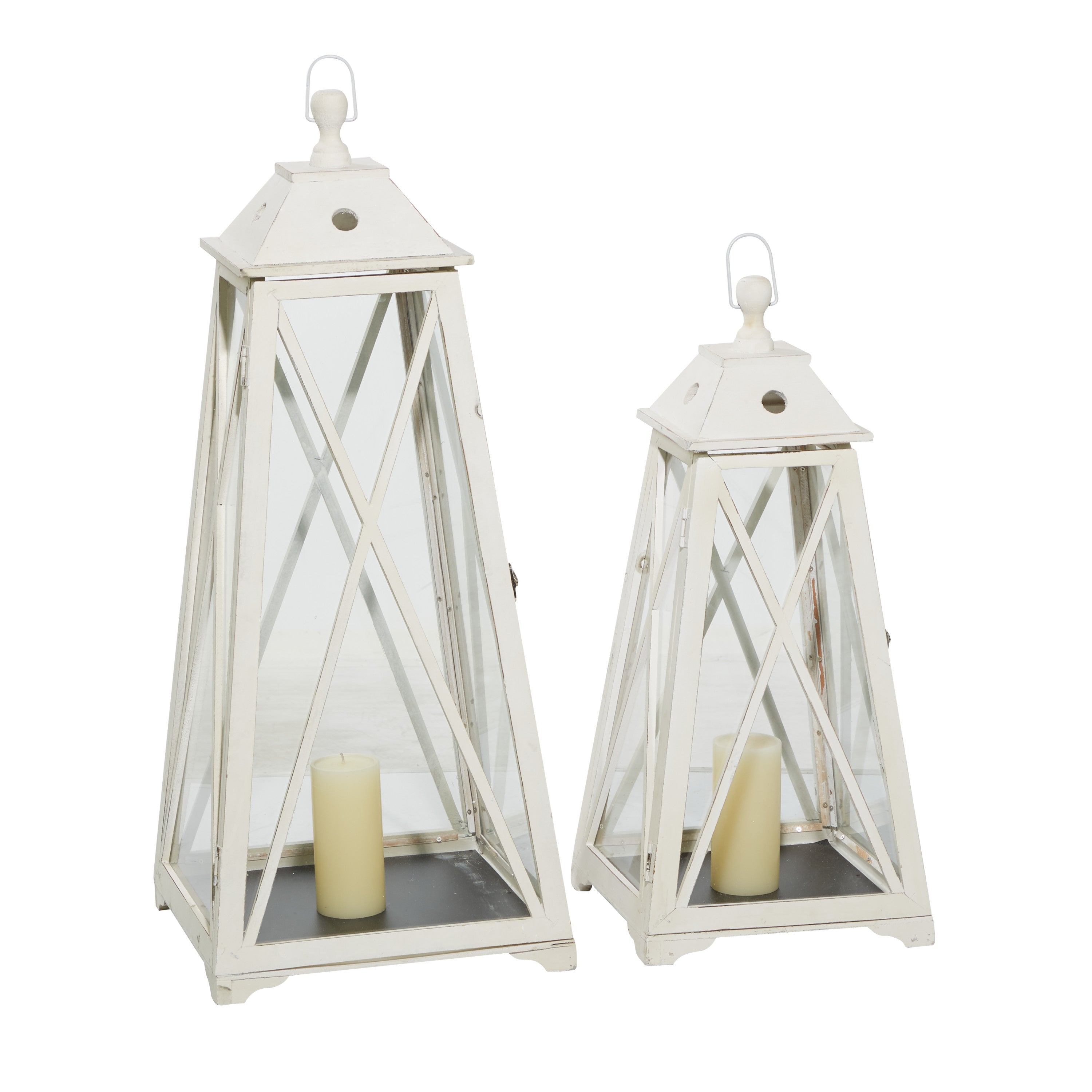 DecMode 2 Holder Cream Metal Lighthouse Style Candle Lantern， Set of 2