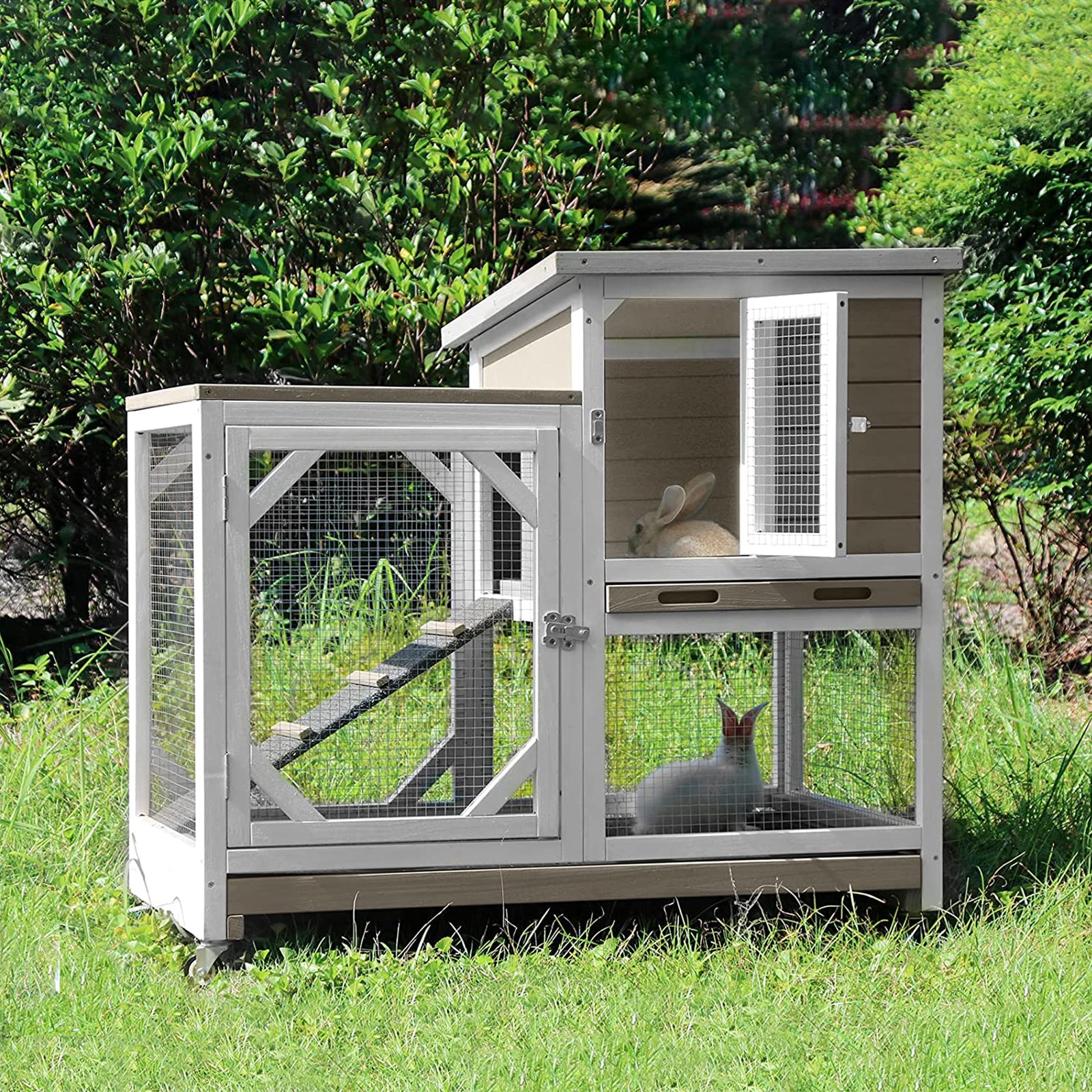 MORGETE Outdoor Rabbit Hutch Indoor Bunny Cage-Mocca Without Wire Mesh