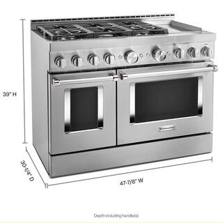 KitchenAid 48 in. 6.3 cu. ft. Smart Double Oven Commercial-Style Gas Range with Griddle and True Convection in Stainless Steel KFGC558JSS