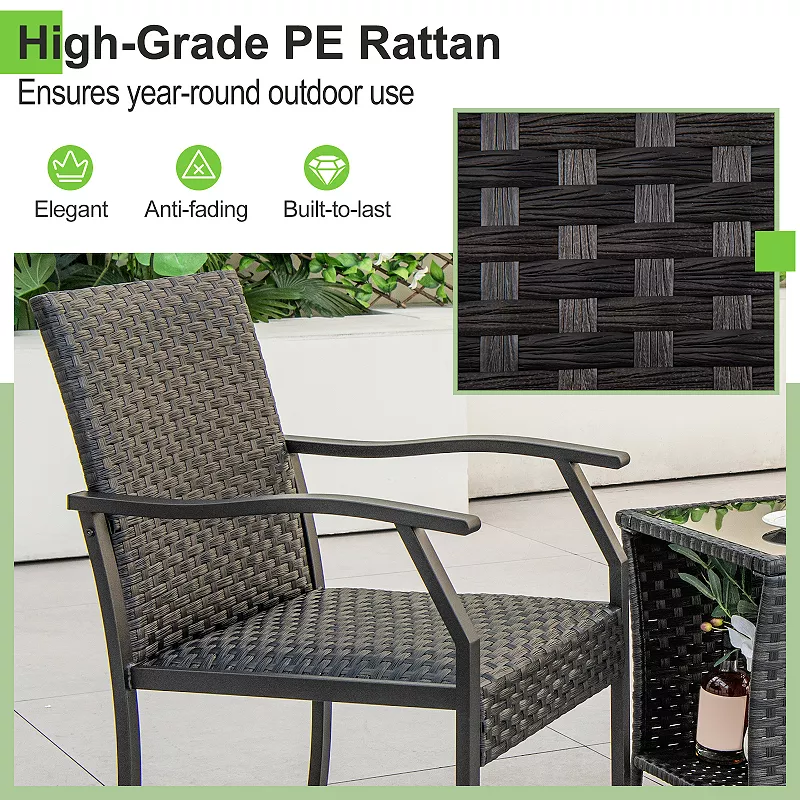 3 Piece Patio Wicker Chair Set With Quick - Drying Cushions