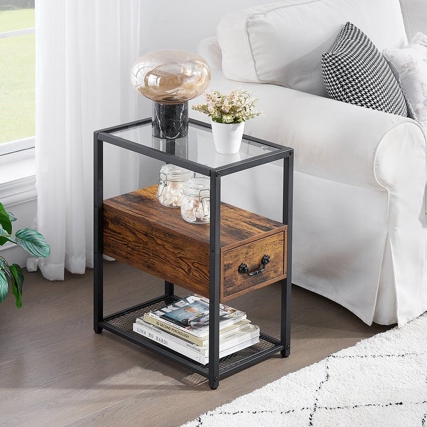 Modern Narrow Tempered Glass End Side Table/Tall Nightstand with Drawer and Shelf