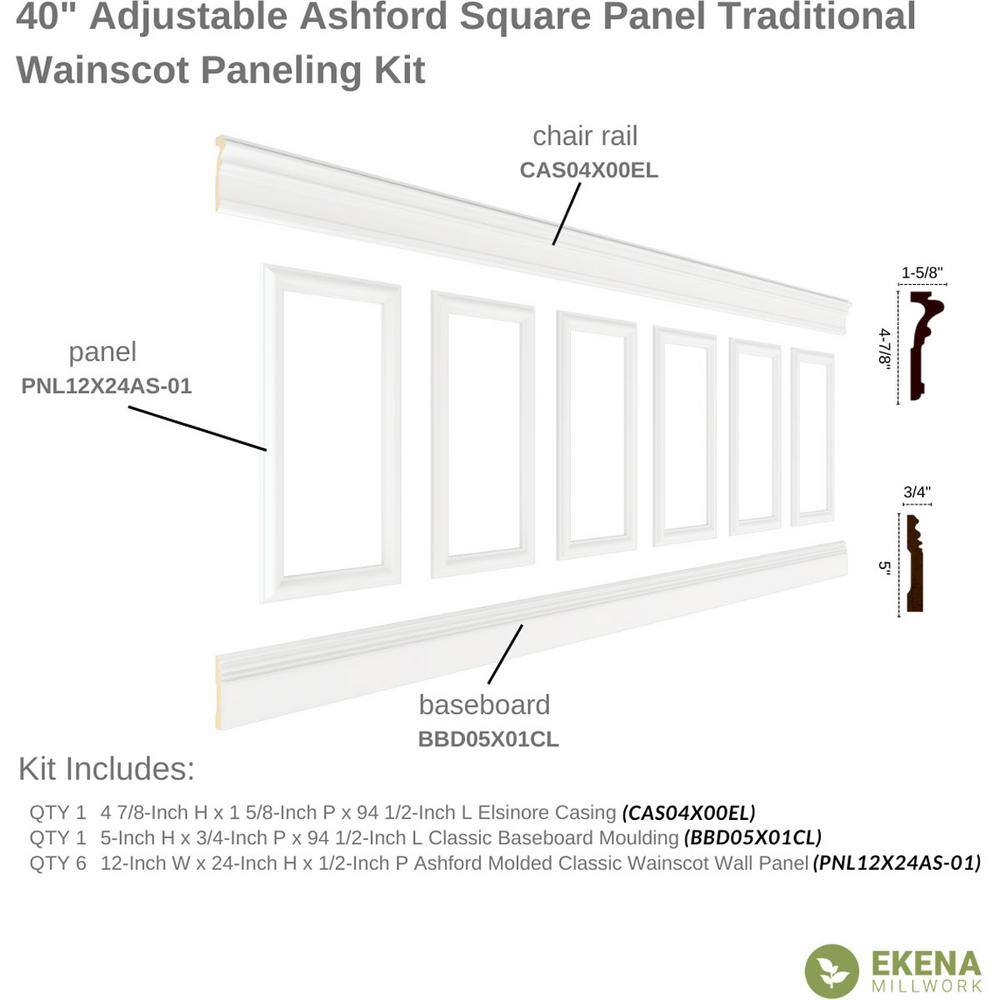 Ekena Millwork 94 12 in. (Adjustable 40 in. to 44 in.) 26 sq. ft. Polyurethane Ashford Square Panel Wainscot Kit Primed WPKUSQ091P040