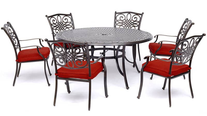 Hanover Traditions Red 7-Piece Outdoor Dining Set w/ Six Dining Chairs and 60 Cast-Top Table