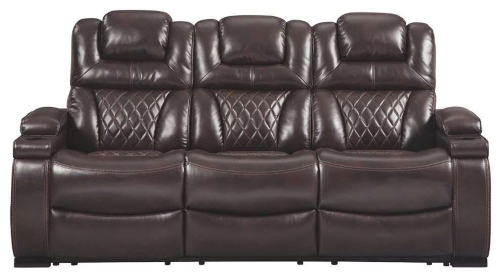 Leatherette Metal Power Reclining Sofa With Adjustable Headrest  Brown   Contemporary   Sofas   by Benzara  Woodland Imprts  The Urban Port  Houzz