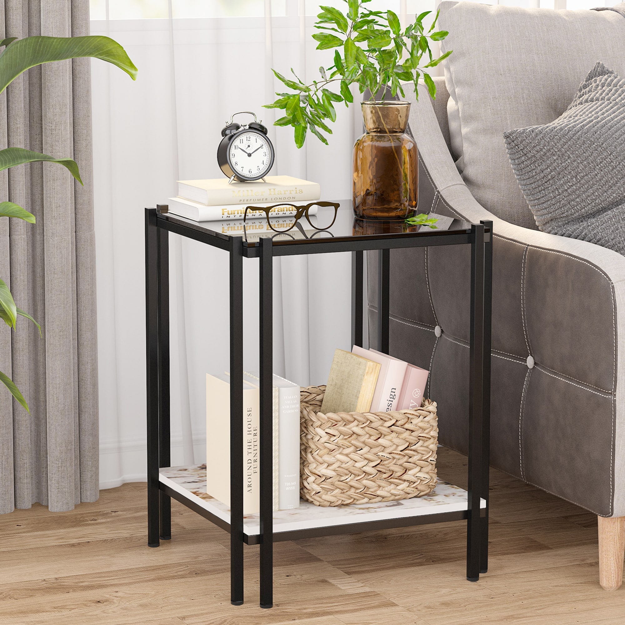 2 Tiers Square Tempered Glass Sofa Side End Table