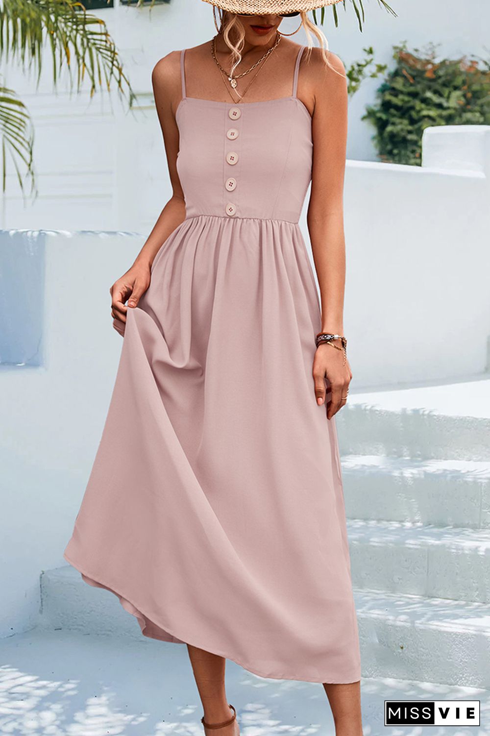 Sleeveless Buttoned Spaghetti Long Dress