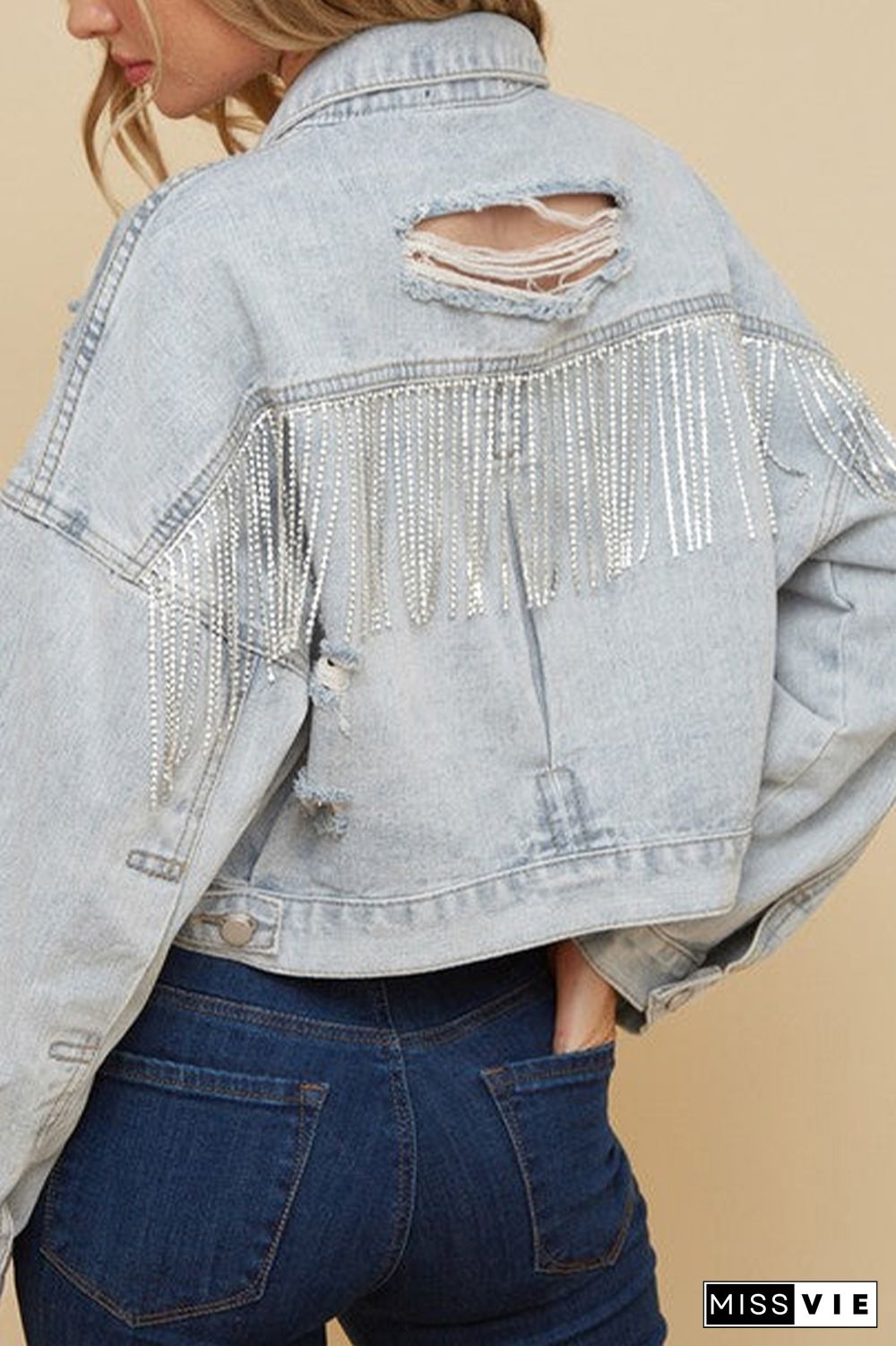 Ripped Tassle Chain Washed Denim Jacket