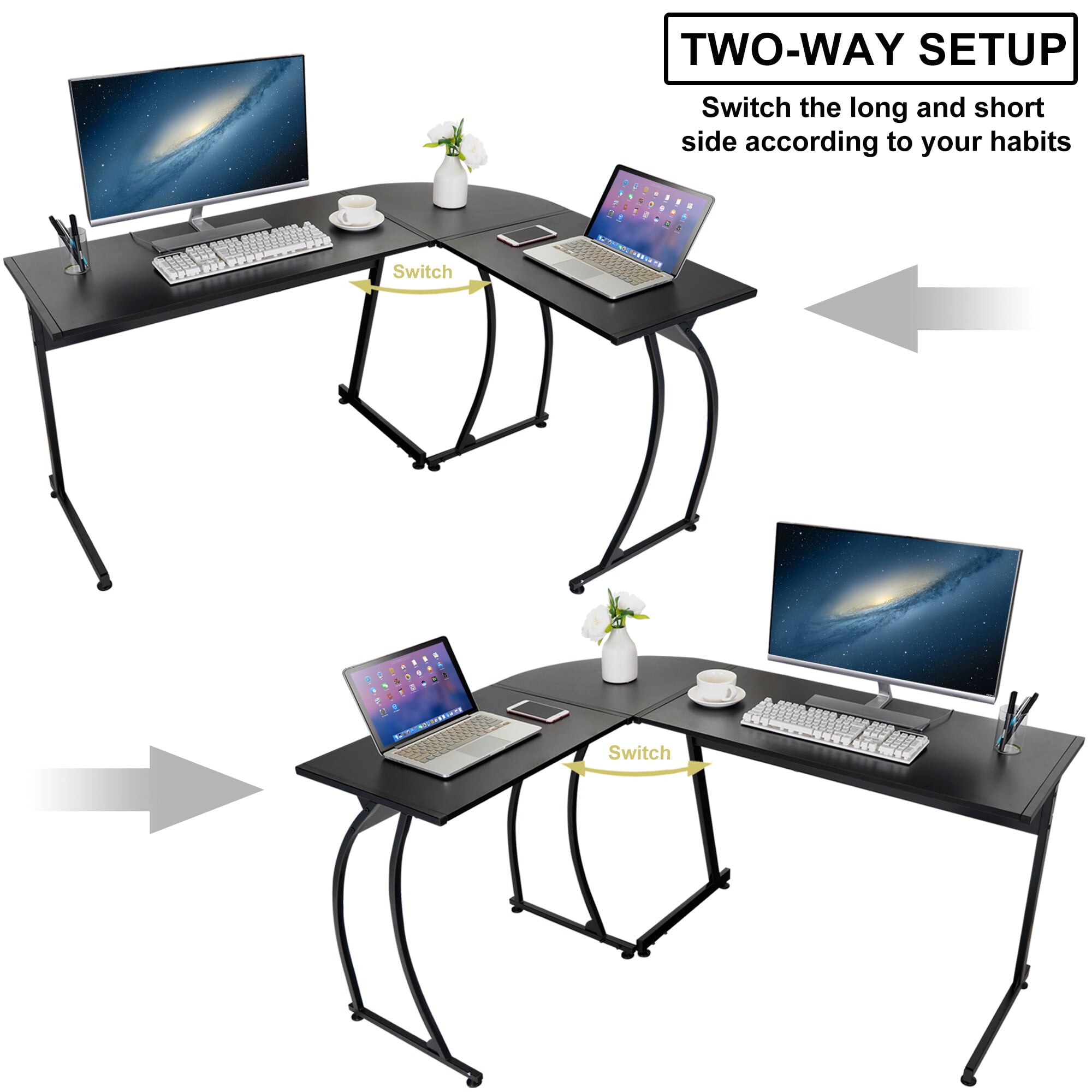 HomGarden 58” L-Shaped Computer Desk MDF Reversible Corner Desk Gaming Writing Workstation, Black