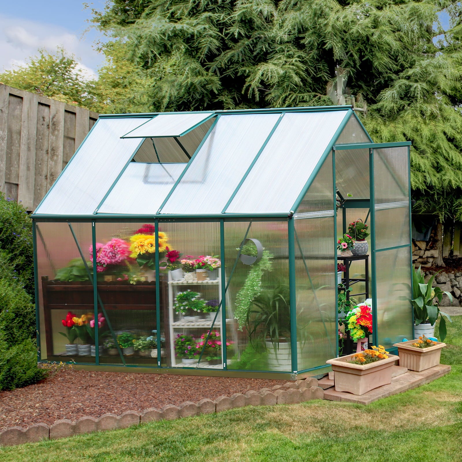 JULY'S SONG Greenhouse,6'x 8' Heavy Duty Polycarbonate Walk-in Plant Garden Greenhouse with Window for Winter,Windproof Gardening Green House Kit for Backyard/Outdoor Use