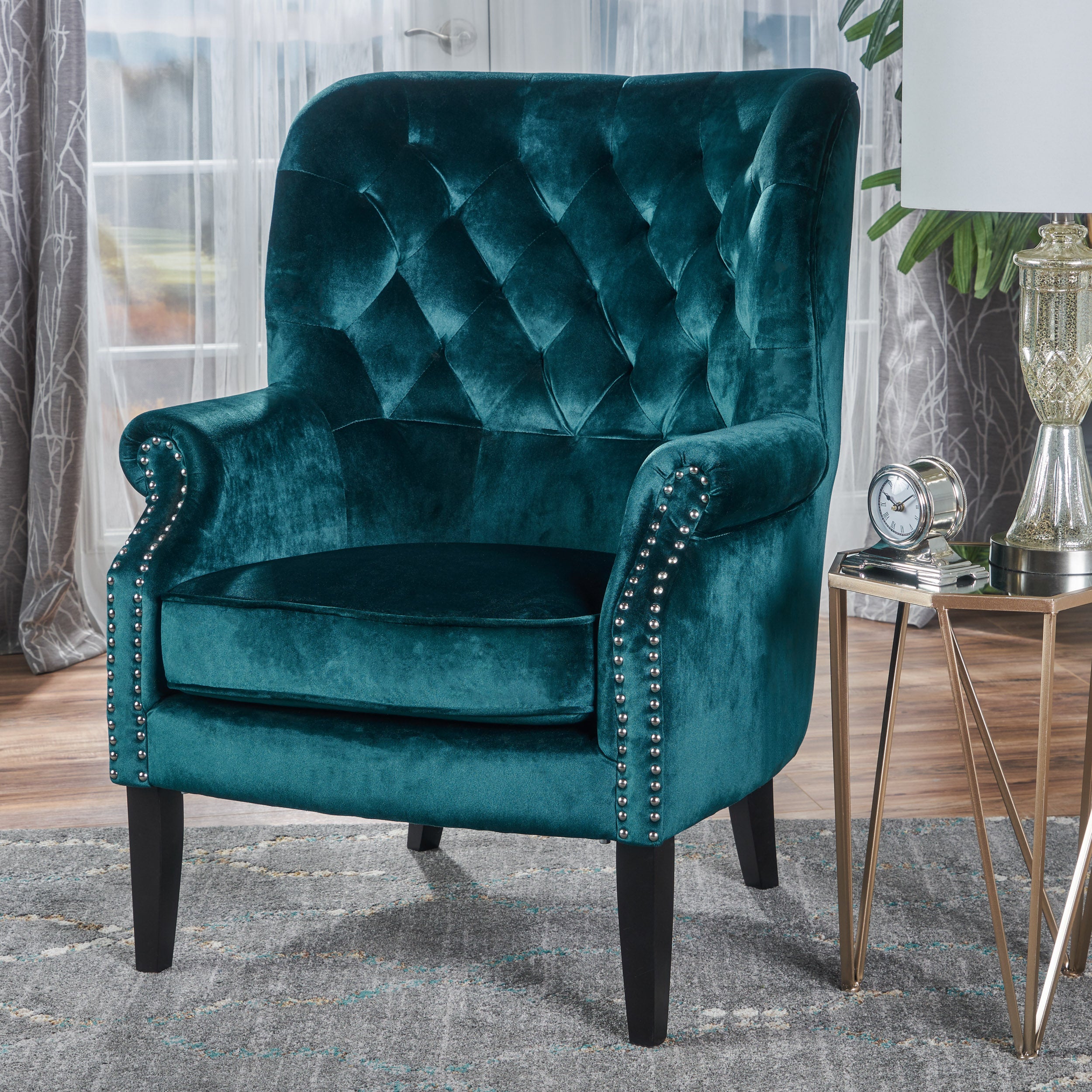 Tomlin Modern Glam Velvet Club Chair with Nailhead Trim