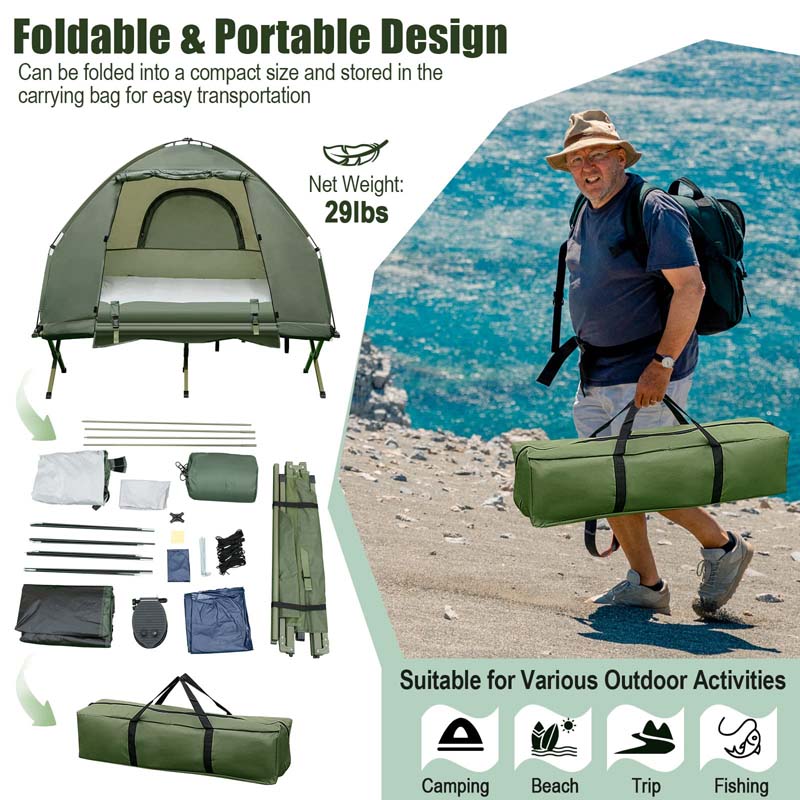 5-in-1 Off-Ground Tent Cot 1-Person Foldable Camping Bed Tent with Awning, Air Mattress, Sleeping Bag, Carrying Bag