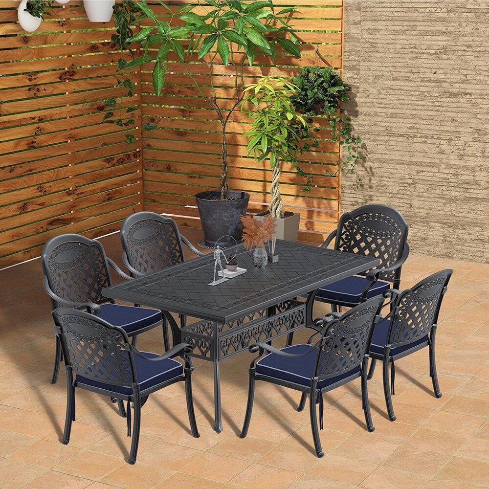 5/7 Piece Cast Aluminum Outdoor Dining Set with 59.06'' L X 35.43'' W Rectangular Table and Random Color Seat Cushions