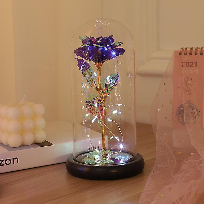 Artificial Eternal Rose Led Light Beauty The Beast In Glass Cover Christmas Home Decor For Valentines Day Year Gift(purple)