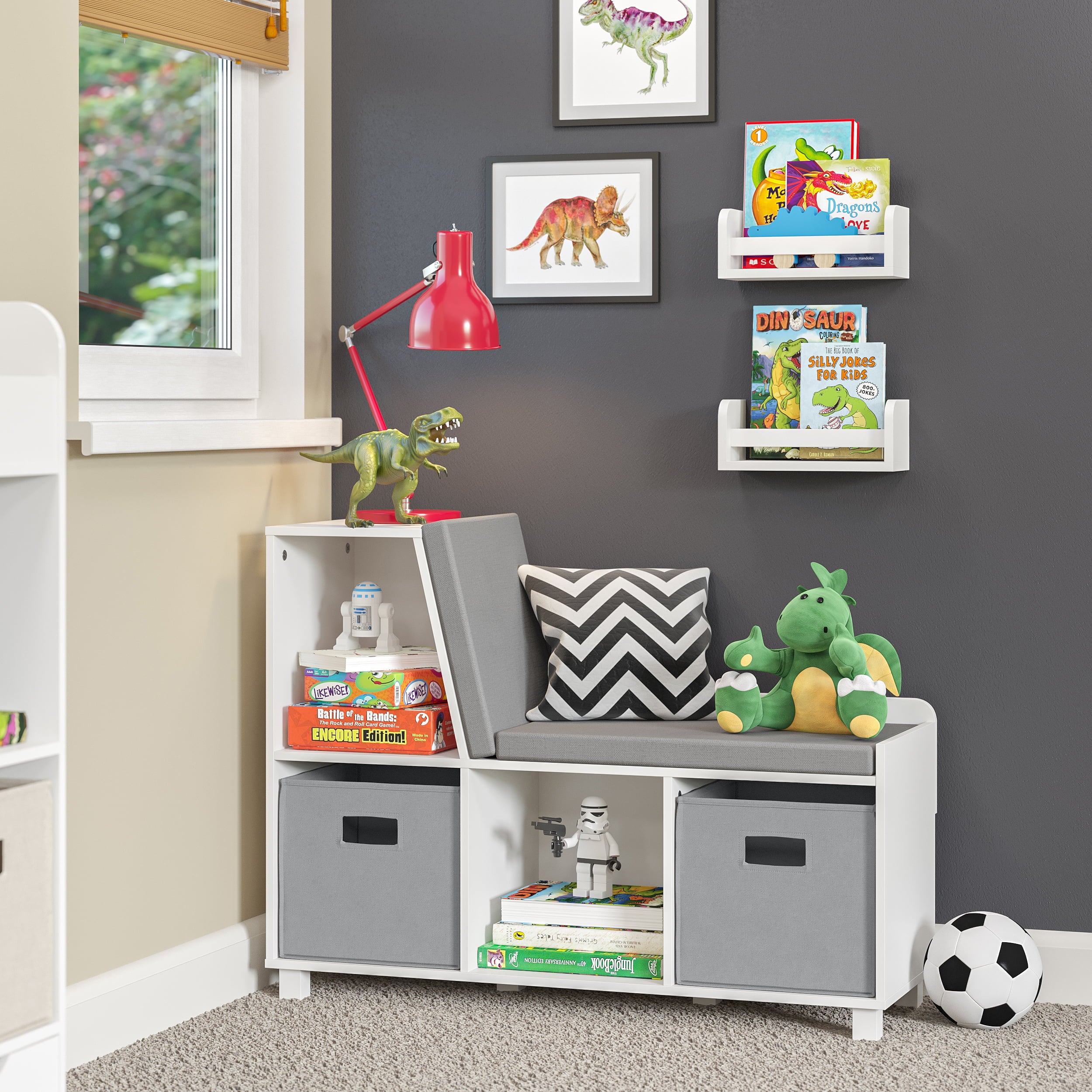 Book Nook Kids Multi-Cubby Storage Bench Includes 2 Bonus 10 inch Floating Bookshelves -White