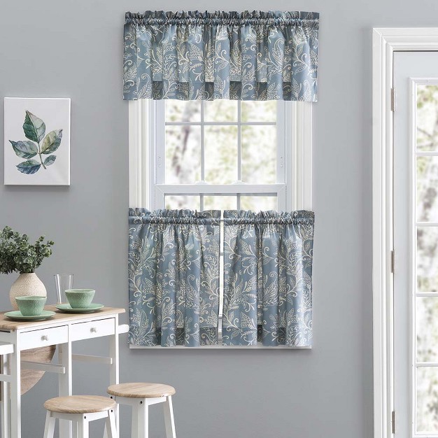 Ellis Curtain Lexington Leaf Pattern On Colored Ground Curtain Tiers Blue