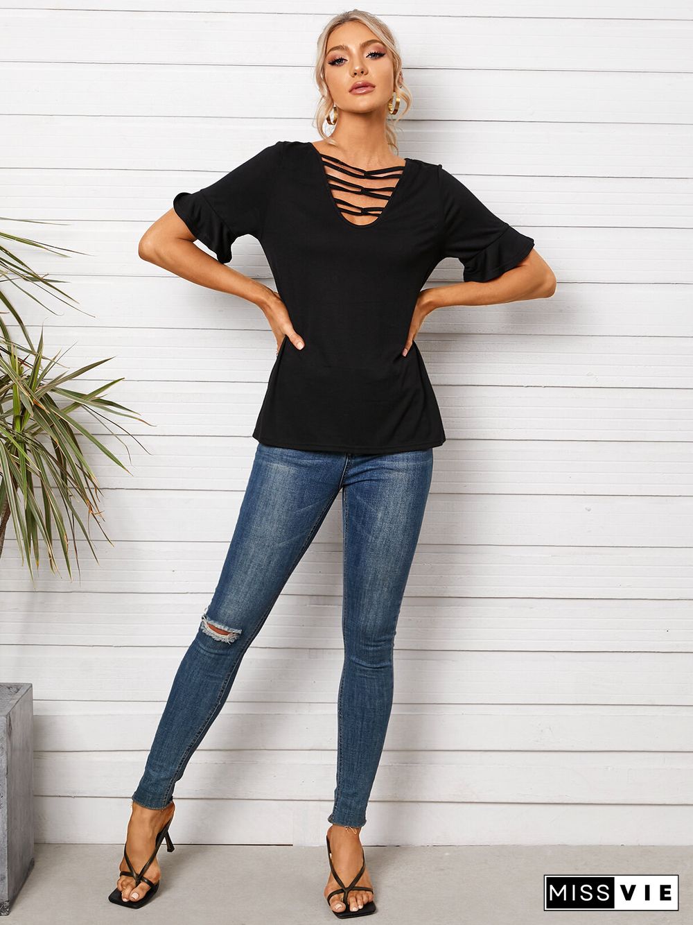 Solid Color V-Neck Bandage Ruffle Sleeve T-Shirt