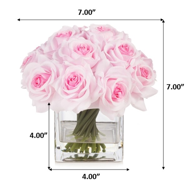 Enova Home Artificial Silk Rose Flowers in Cube Glass Vase with Faux Water for Home Office Decoration