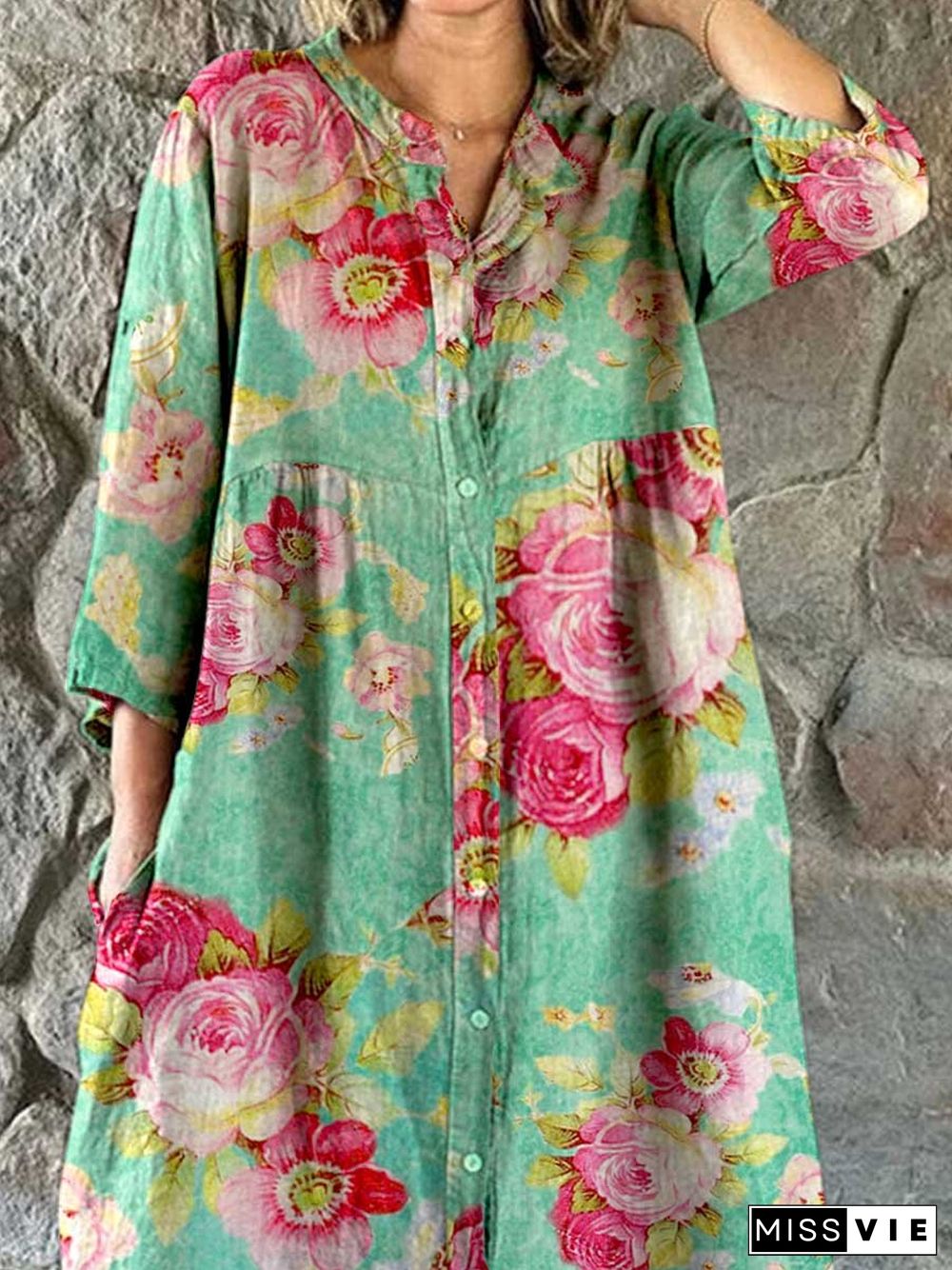 Women's Rose Floral Print Elegant Simple Shirt Cotton and LinenDress