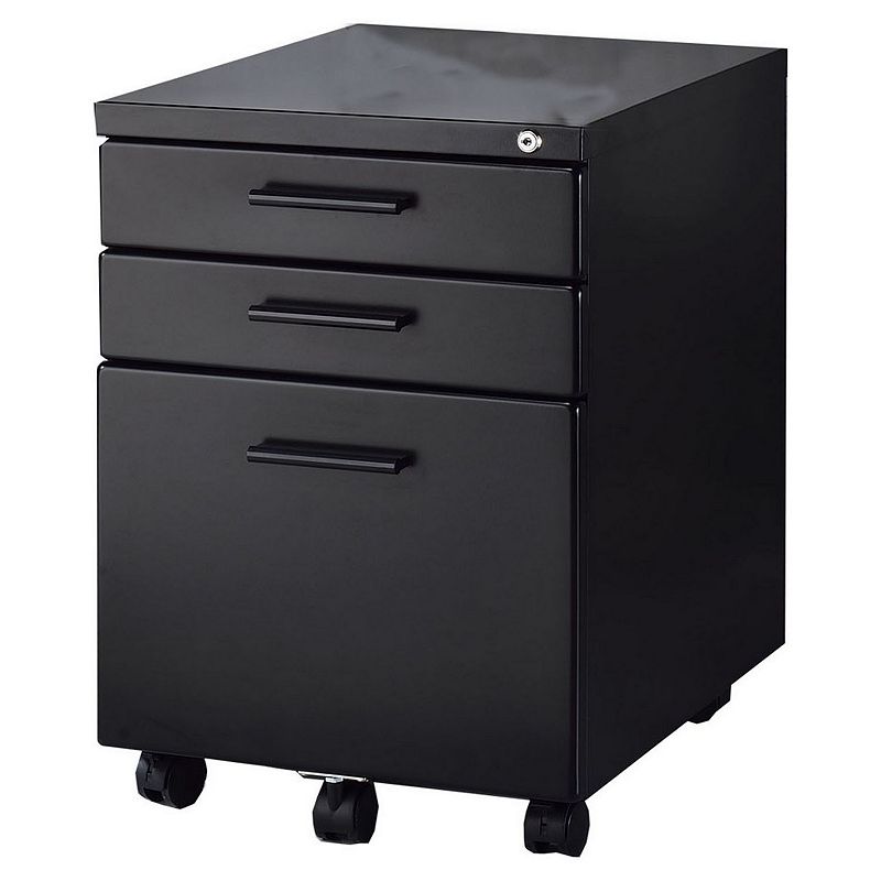 Contemporary Style File Cabinet with Lock System and Caster Support， Black