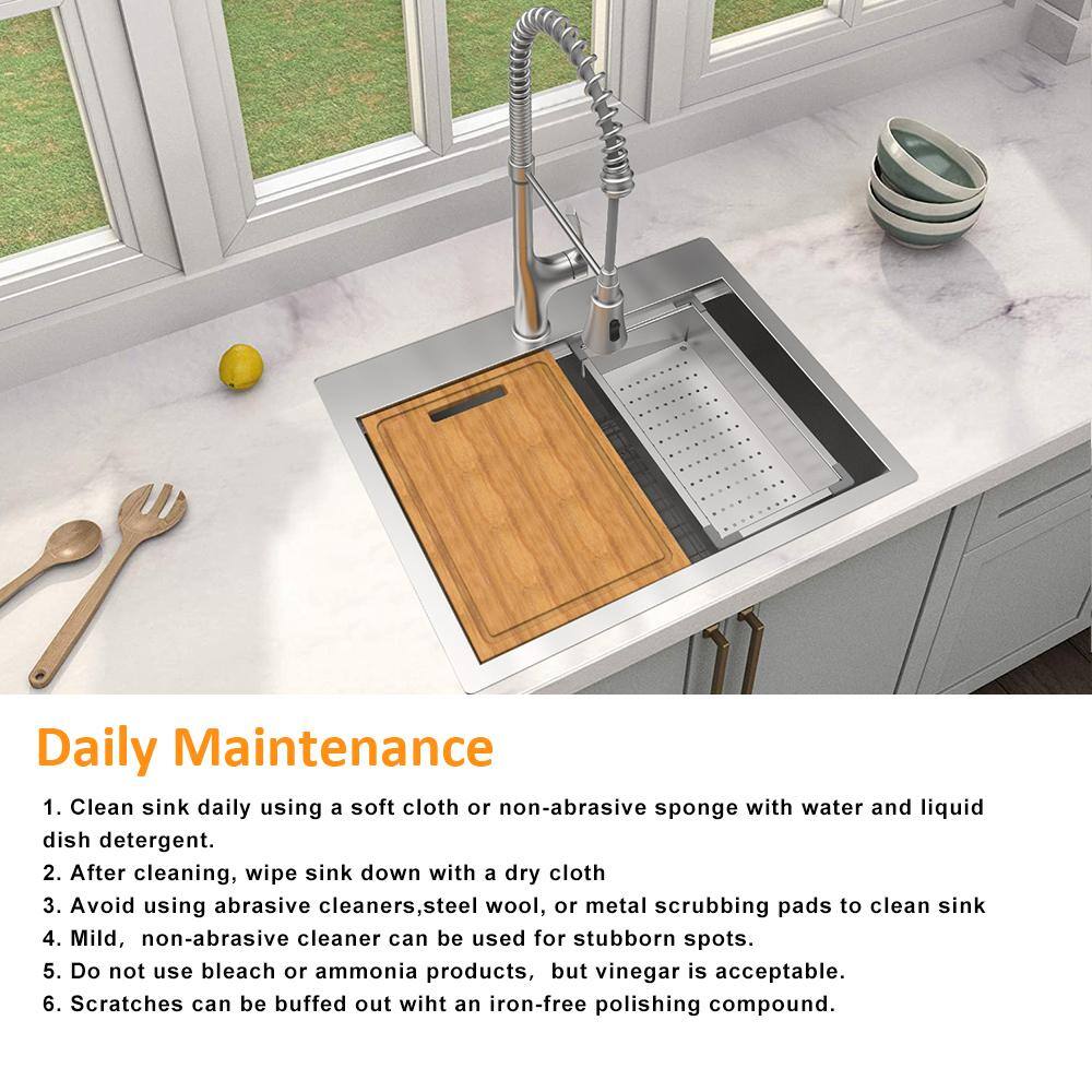 Glacier Bay All-in-One Zero Radius Drop-in 18G Stainless Steel 27 in. 2-Hole Single Bowl Workstation Kitchen Sink Pull-Down Faucet 4307F-1